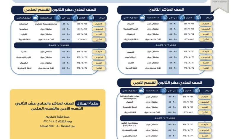 جدول اختبارات نهاية السنة الدراسية